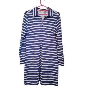NWT Cabana Life Collared UPF 50+ Blue and White Striped 1/4 Zip Dress, Size Lg